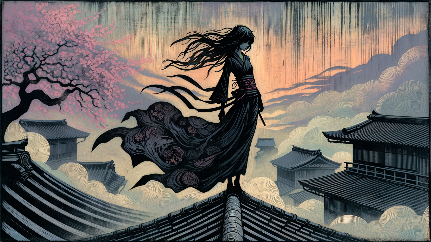 Silhouetted Figure in Kimono Against Sunset Sky