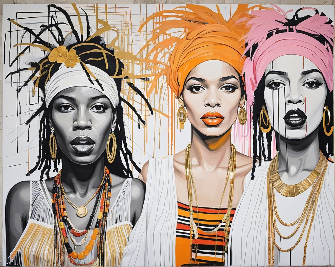 Three Female Figures with Vibrant Headwraps and Jewelry