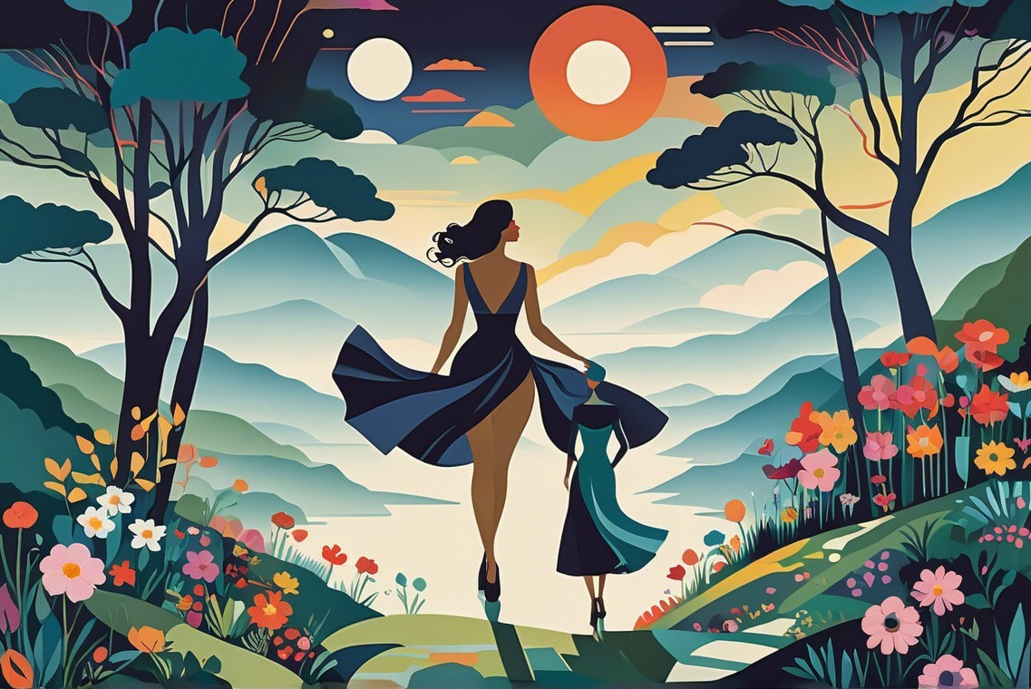 Stylized Illustration of Figures in Vibrant Landscape