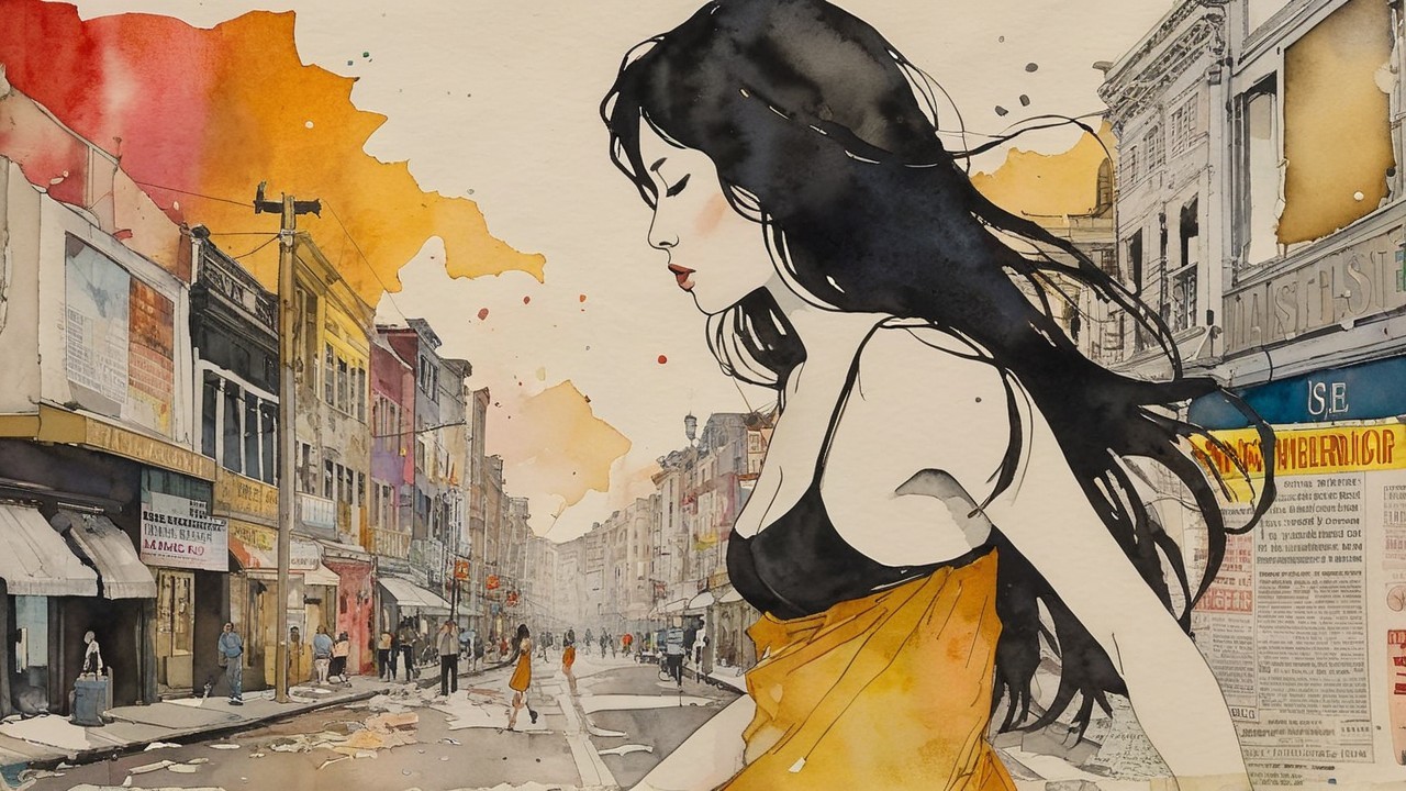Watercolor Illustration of Woman in Vibrant Street Scene