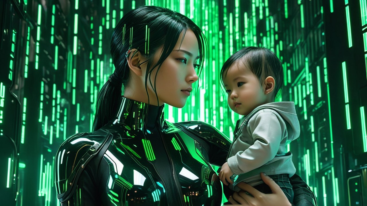 Futuristic Scene of Woman and Child in Digital Setting