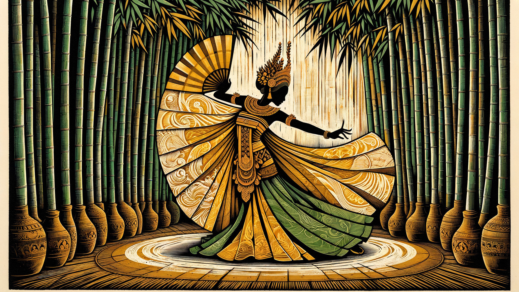 Silhouette of Dancer Amidst Bamboo and Decorative Pots