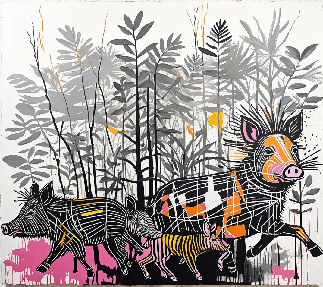 Stylized Wild Boars in Vibrant Forest Setting