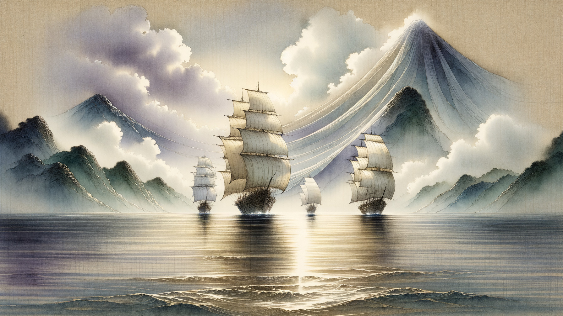 Idyllic Maritime Scene with Sailing Ships and Mountains