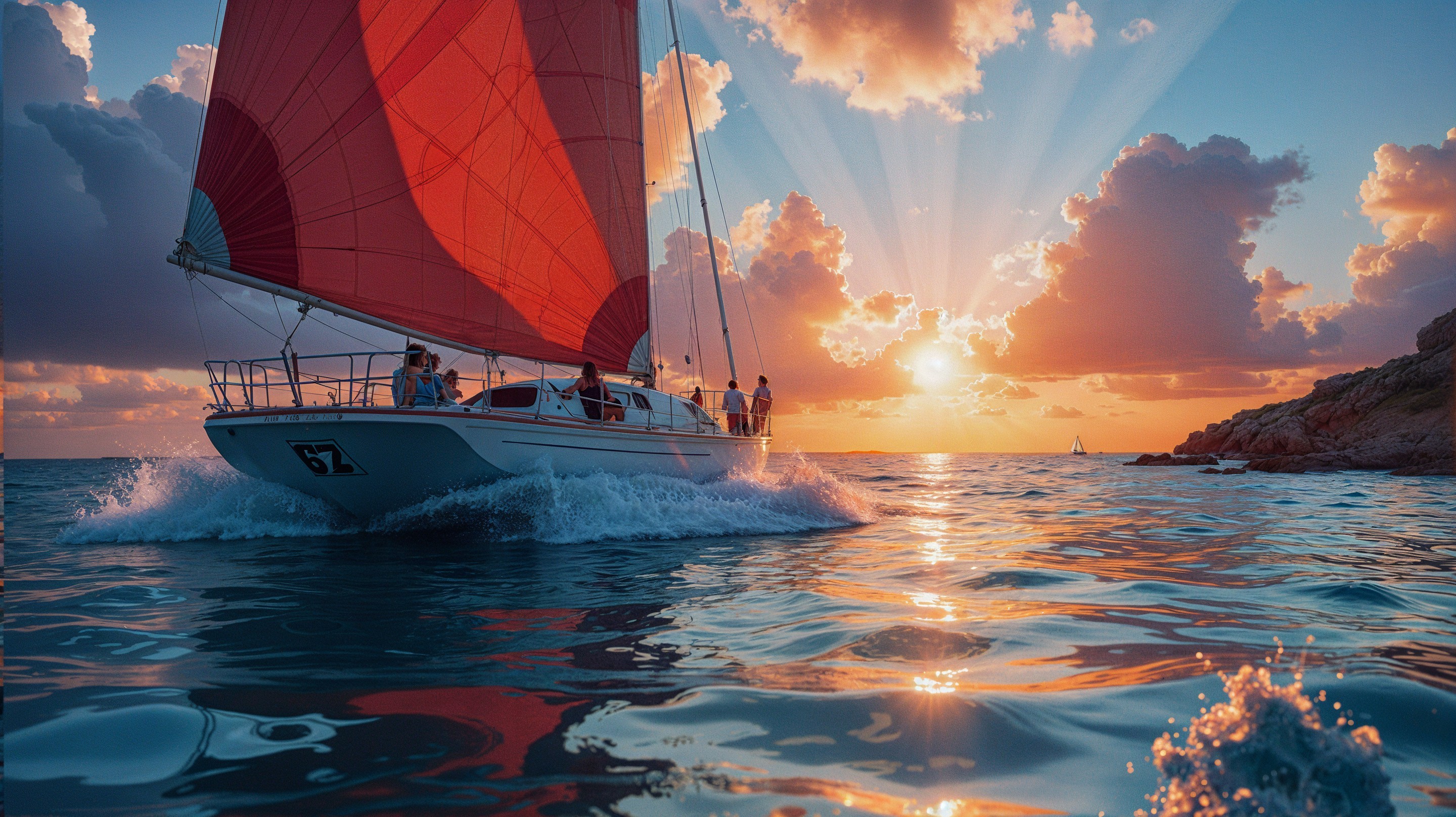 Sailboat with Red Sails at Sunset on Shimmering Waters