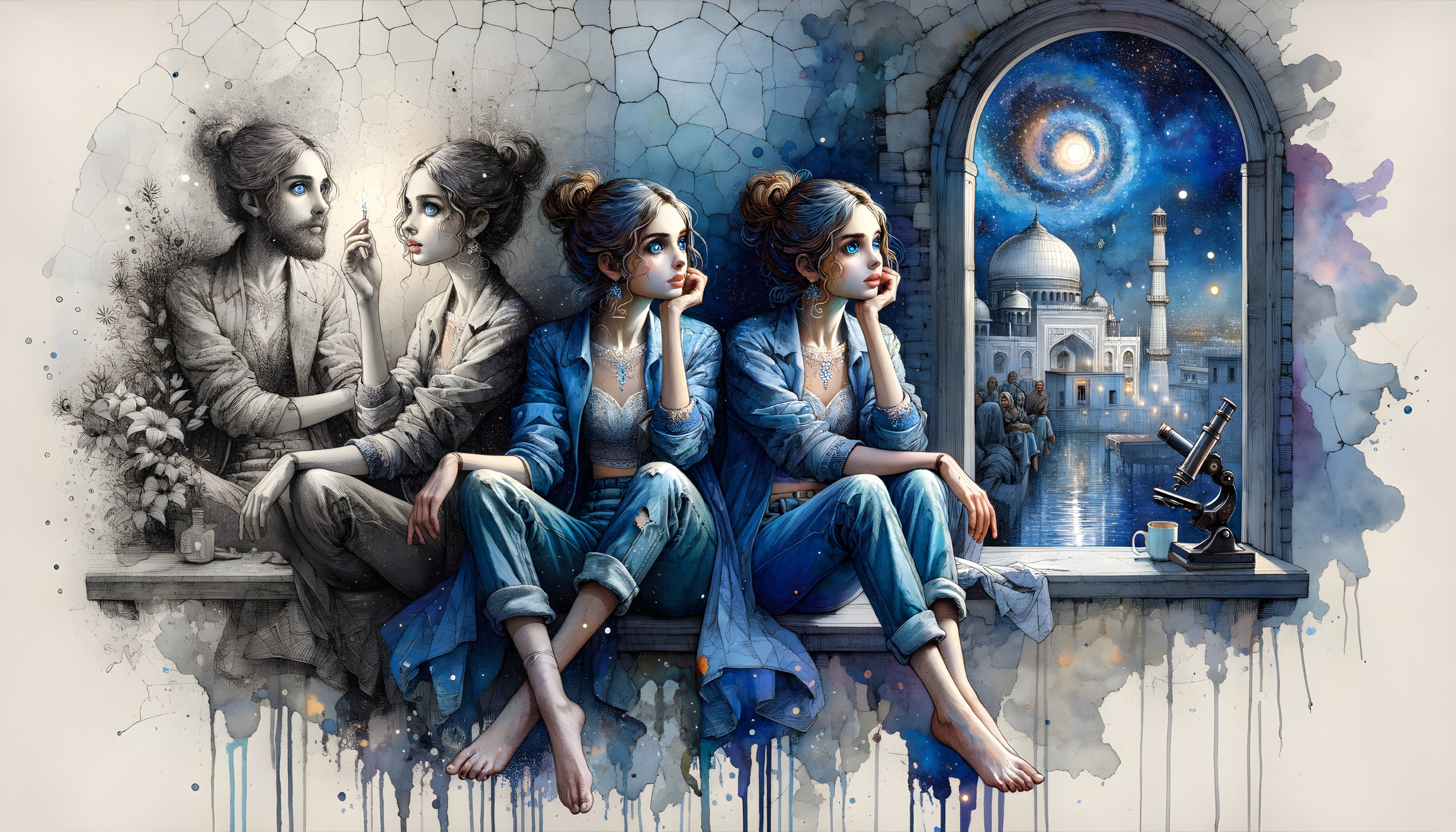 Artwork of Two Women on Windowsill in Cosmic Scene