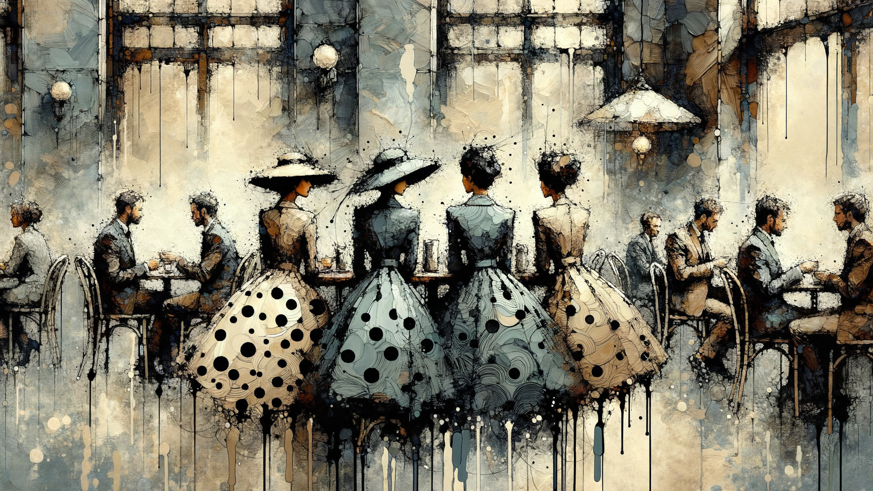 Vintage tea room scene with elegantly dressed patrons