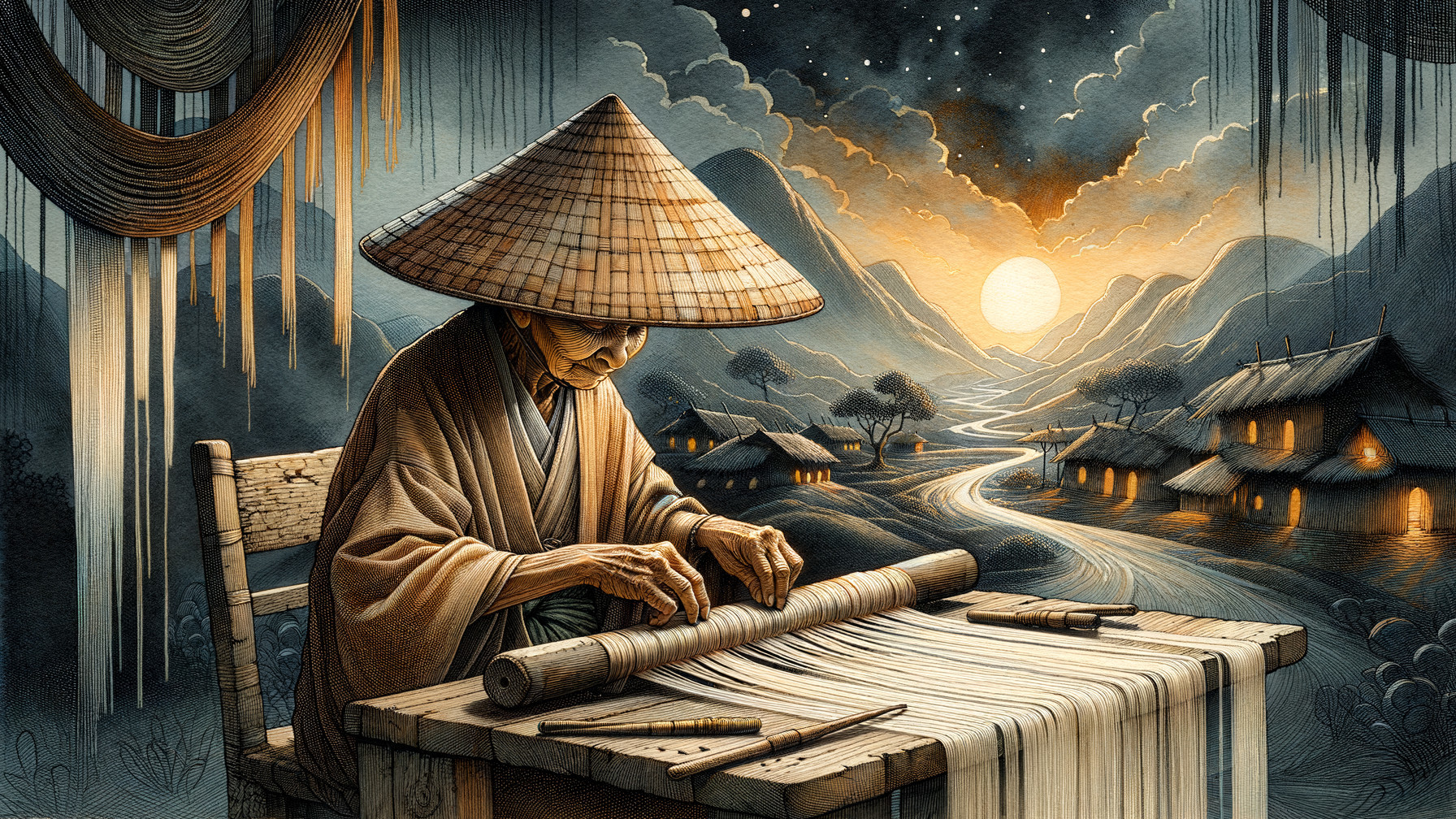 Elderly Weaver in Traditional Attire at Sunset Scene