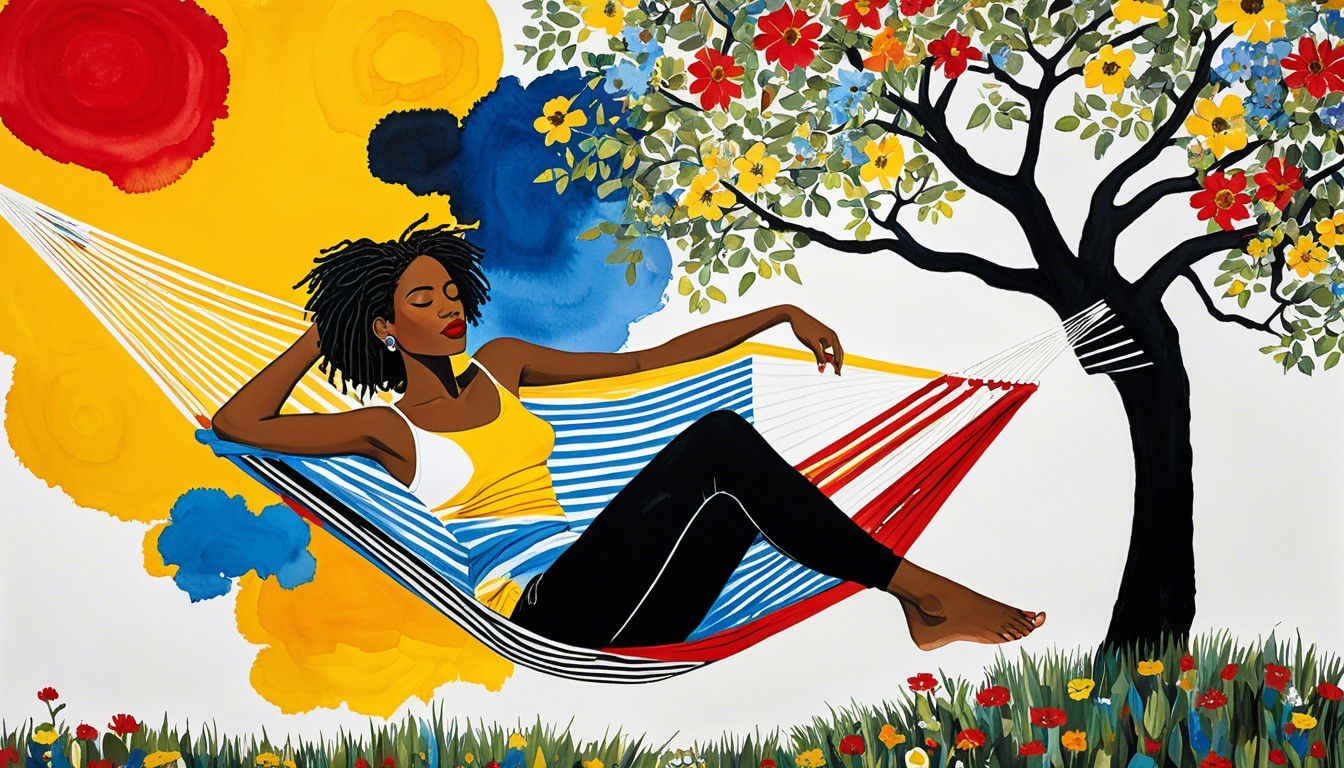 Woman Relaxing in Colorful Hammock Under Tree