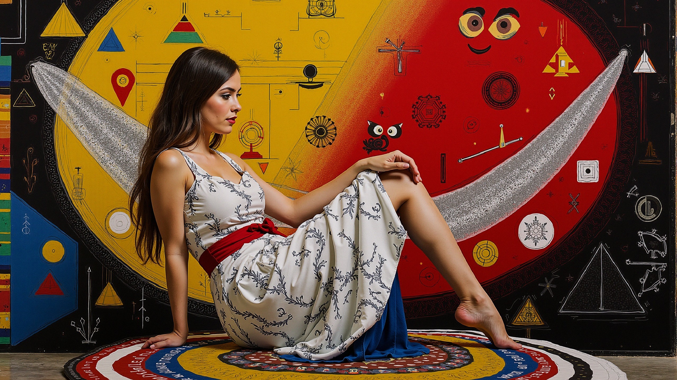 Woman in white dress on colorful round rug with mural