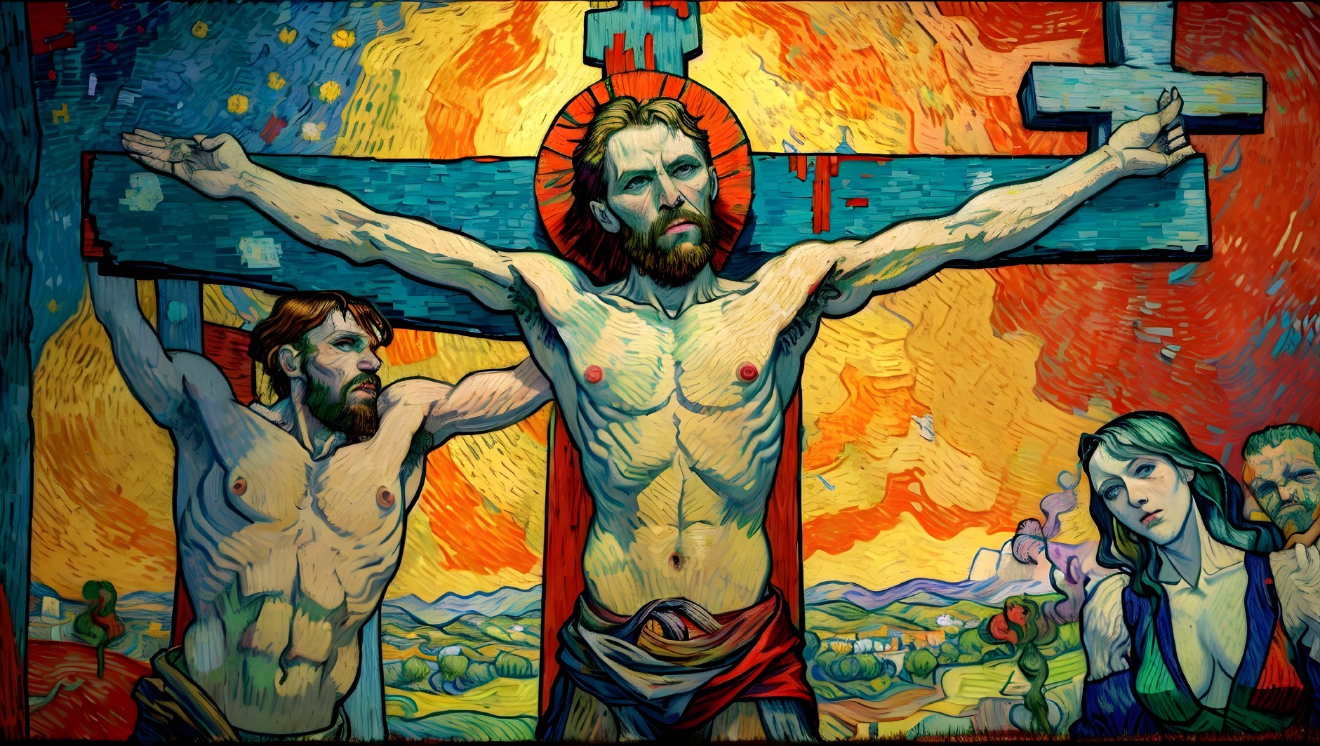 Expressionist Crucifixion with Vibrant Colors and Figures