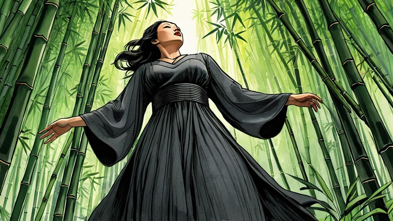 Woman in Black Dress Among Towering Bamboo Stalks