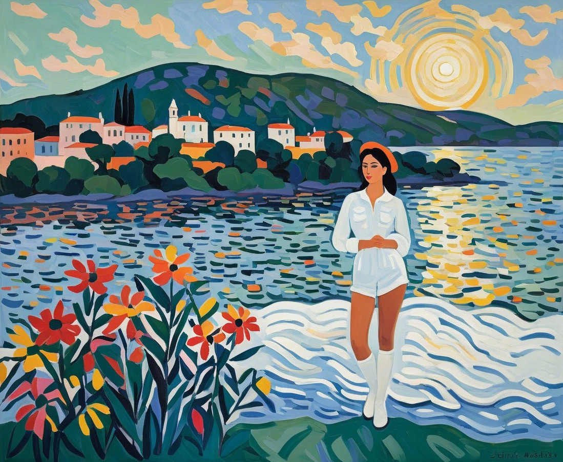 Serene landscape with woman by water and sunset glow