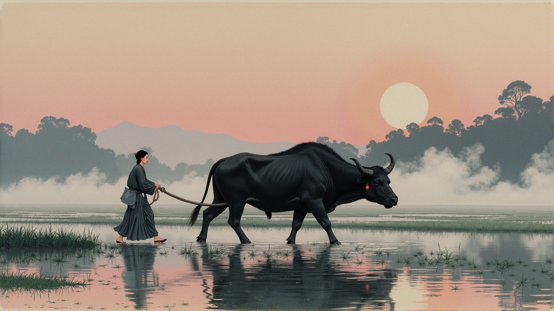 Serene Dawn Landscape with Water Buffalo in Misty Field