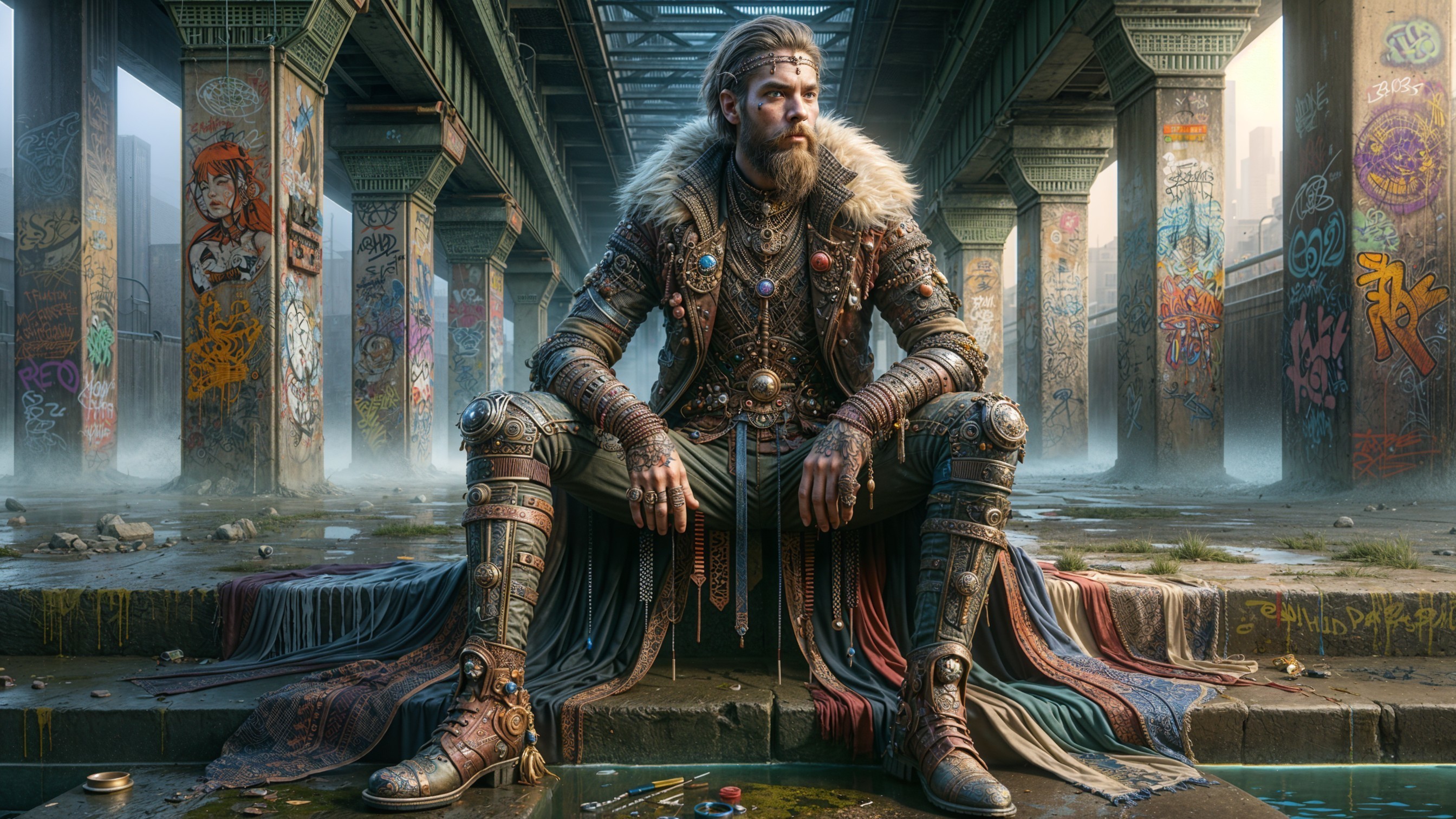 Majestic Figure in Armor Amidst Urban Graffiti