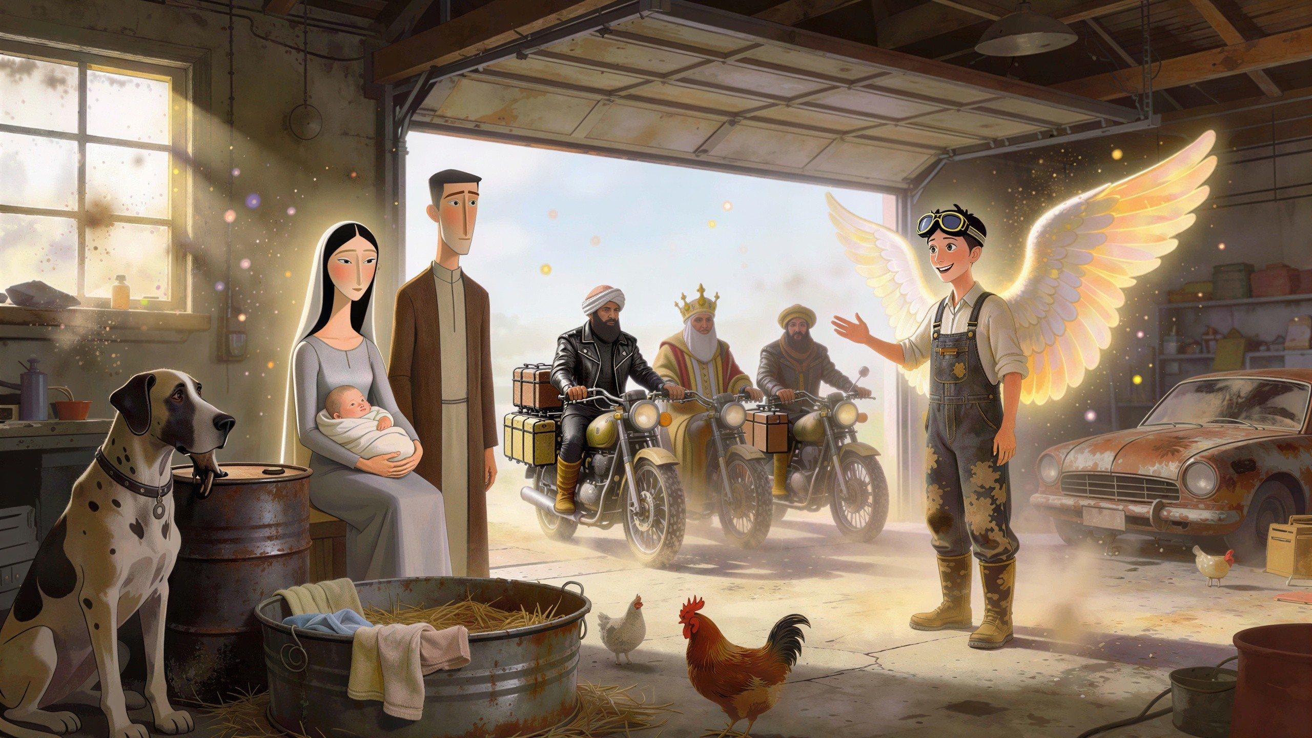 Modern Nativity Scene in a Rustic Garage Setting