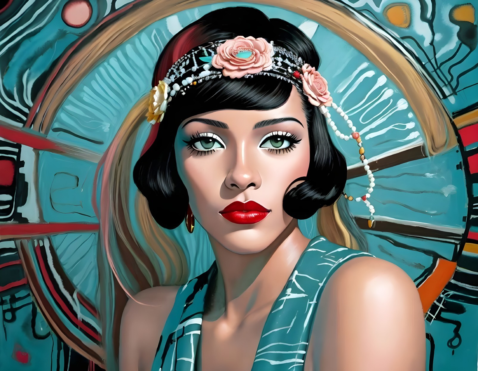Portrait of a Woman with Bold Red Lips and Green Eyes