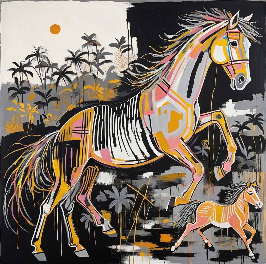 Vibrant Abstract Painting of Horses and Tropical Elements