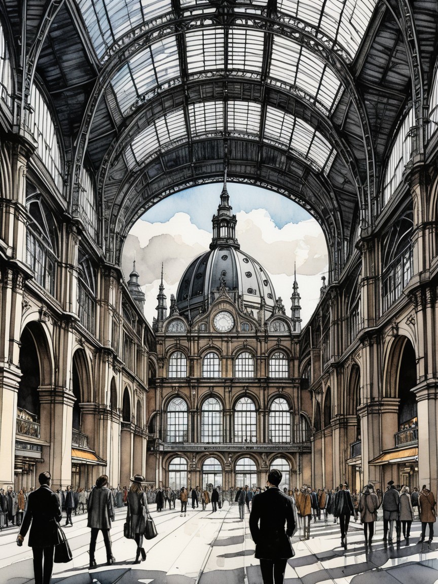 Grand architectural space with arched glass ceiling
