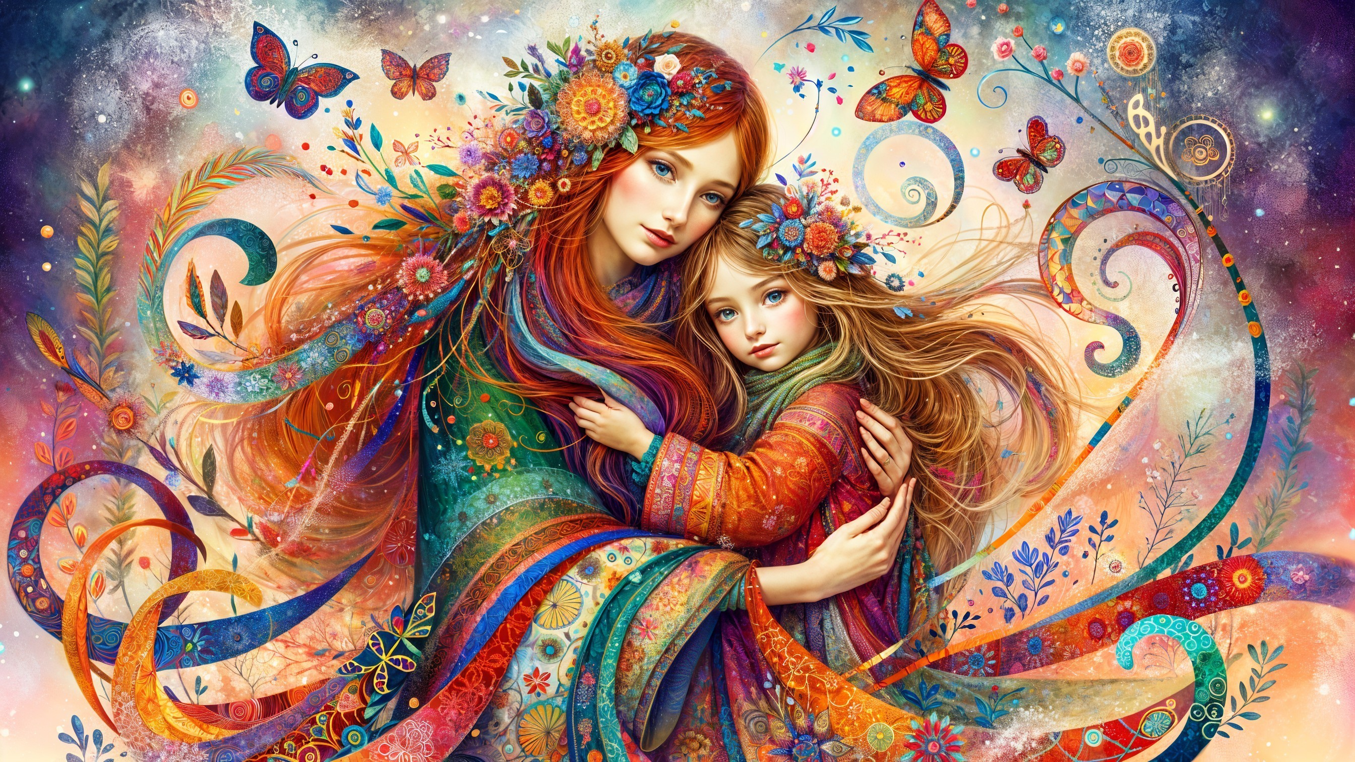 Colorful Illustration of Mother and Daughter Embrace