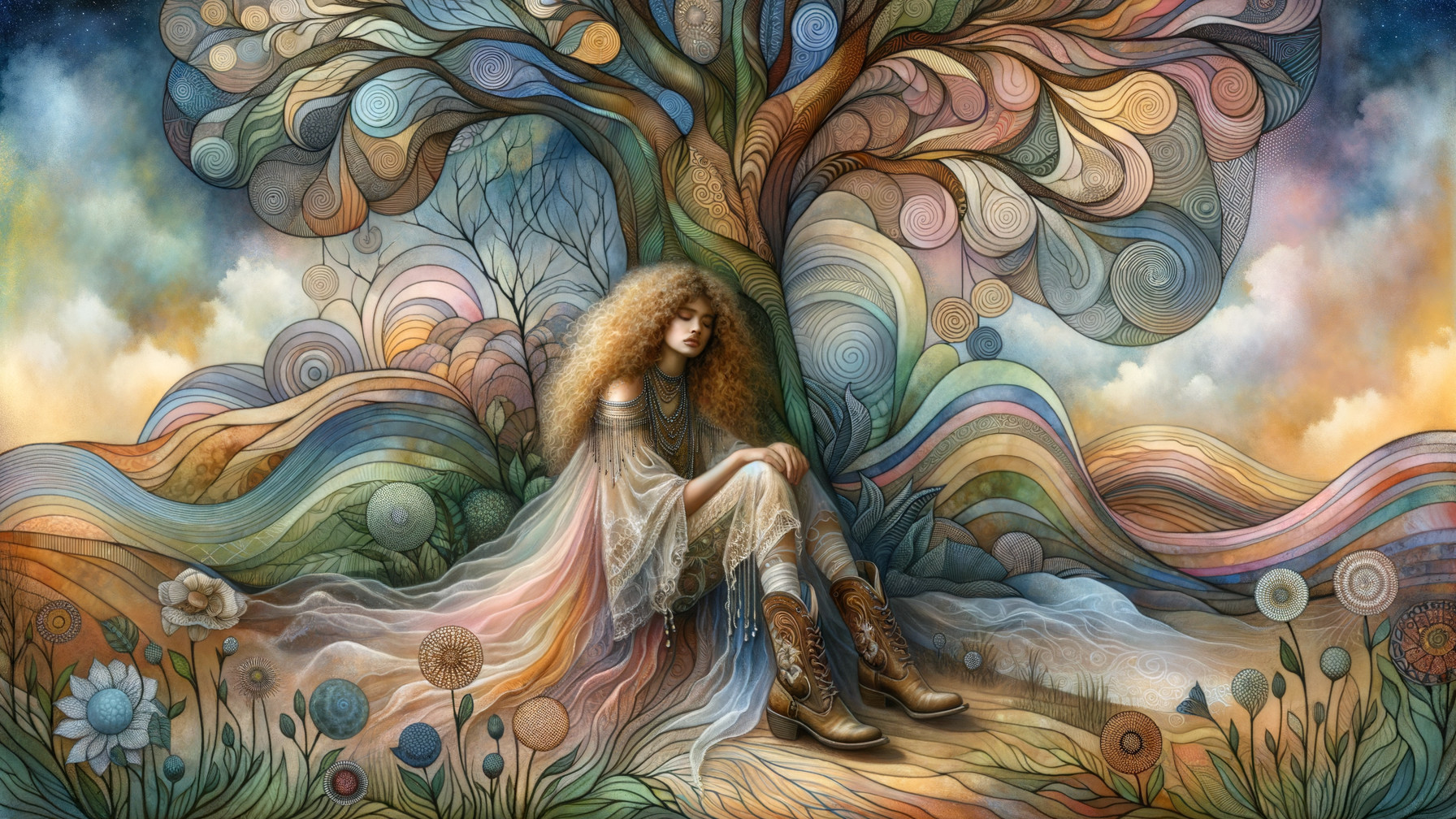 Ethereal Scene of a Woman by a Whimsical Tree