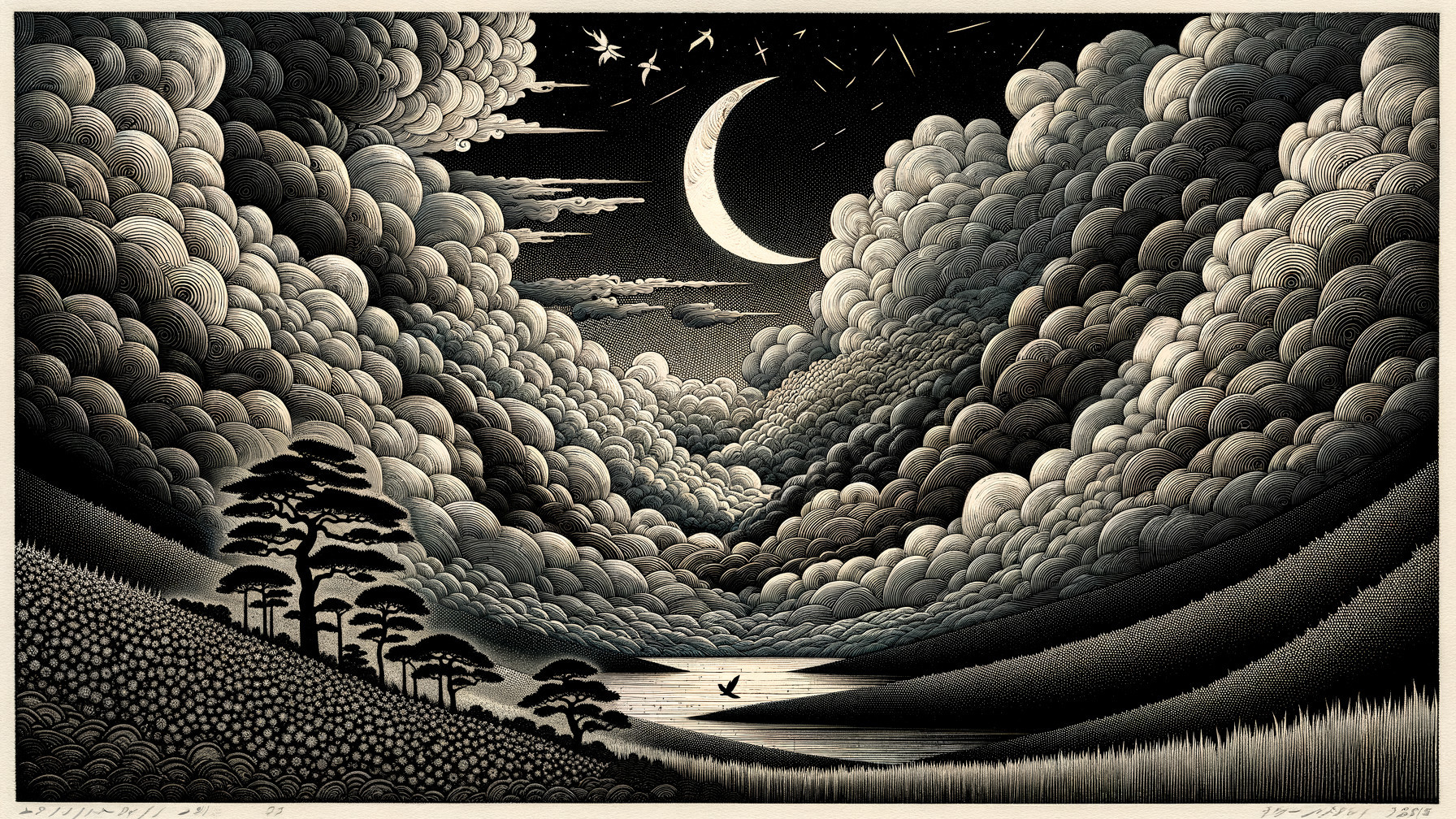 Serene Night Landscape with Moon and Reflective Water