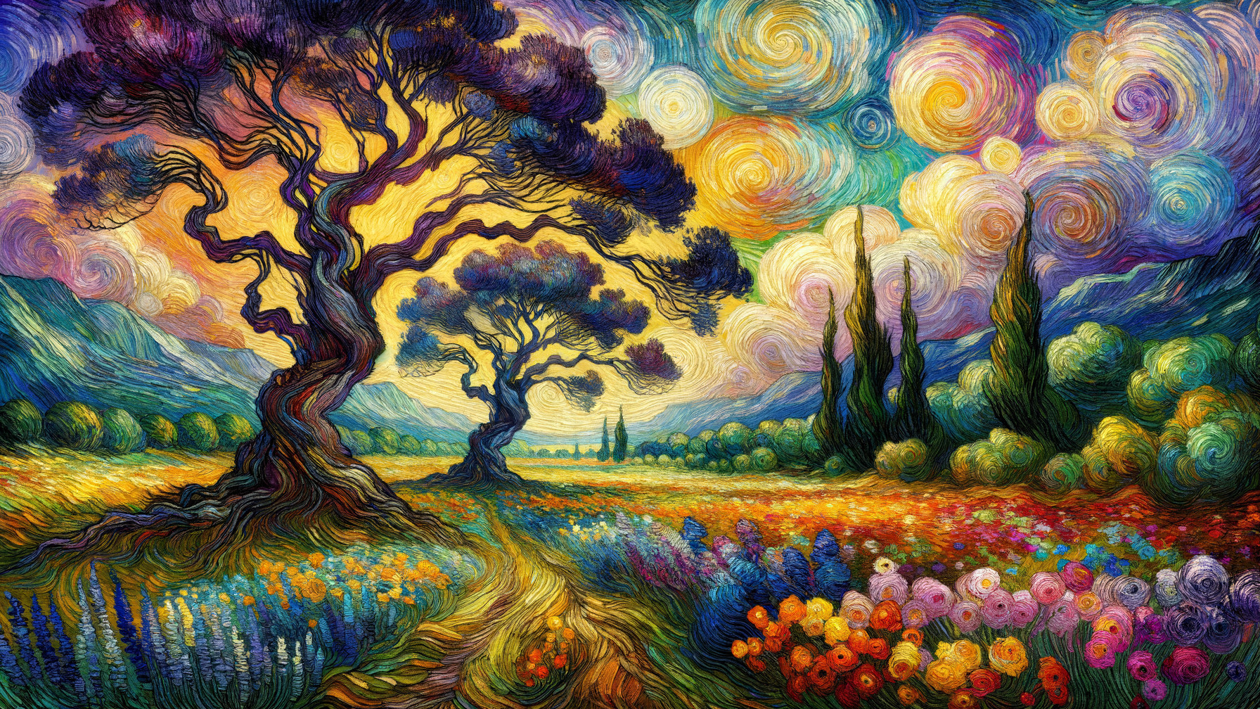Vibrant Landscape with Swirling Skies and Trees