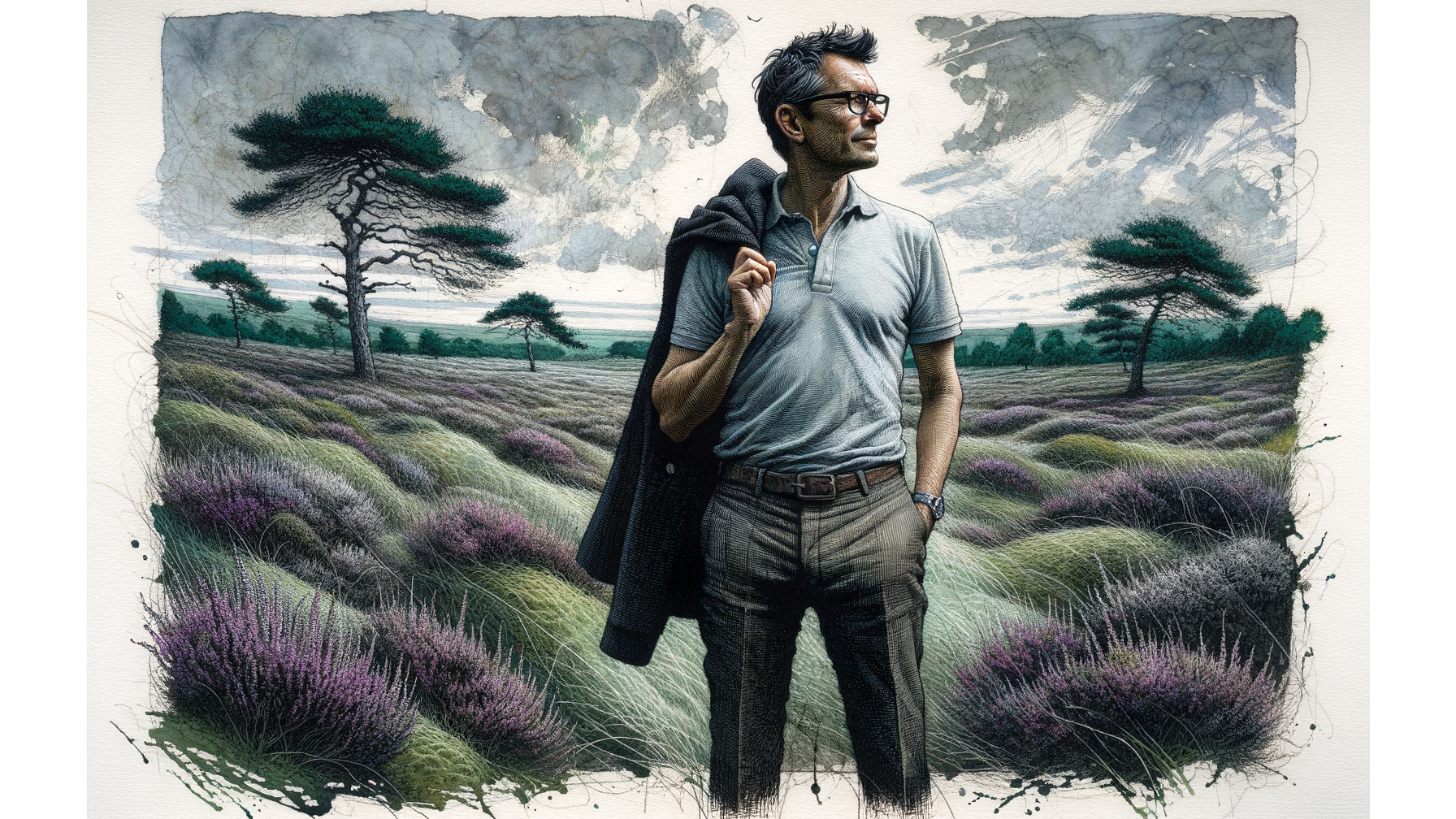 Thoughtful man in serene purple-heather landscape