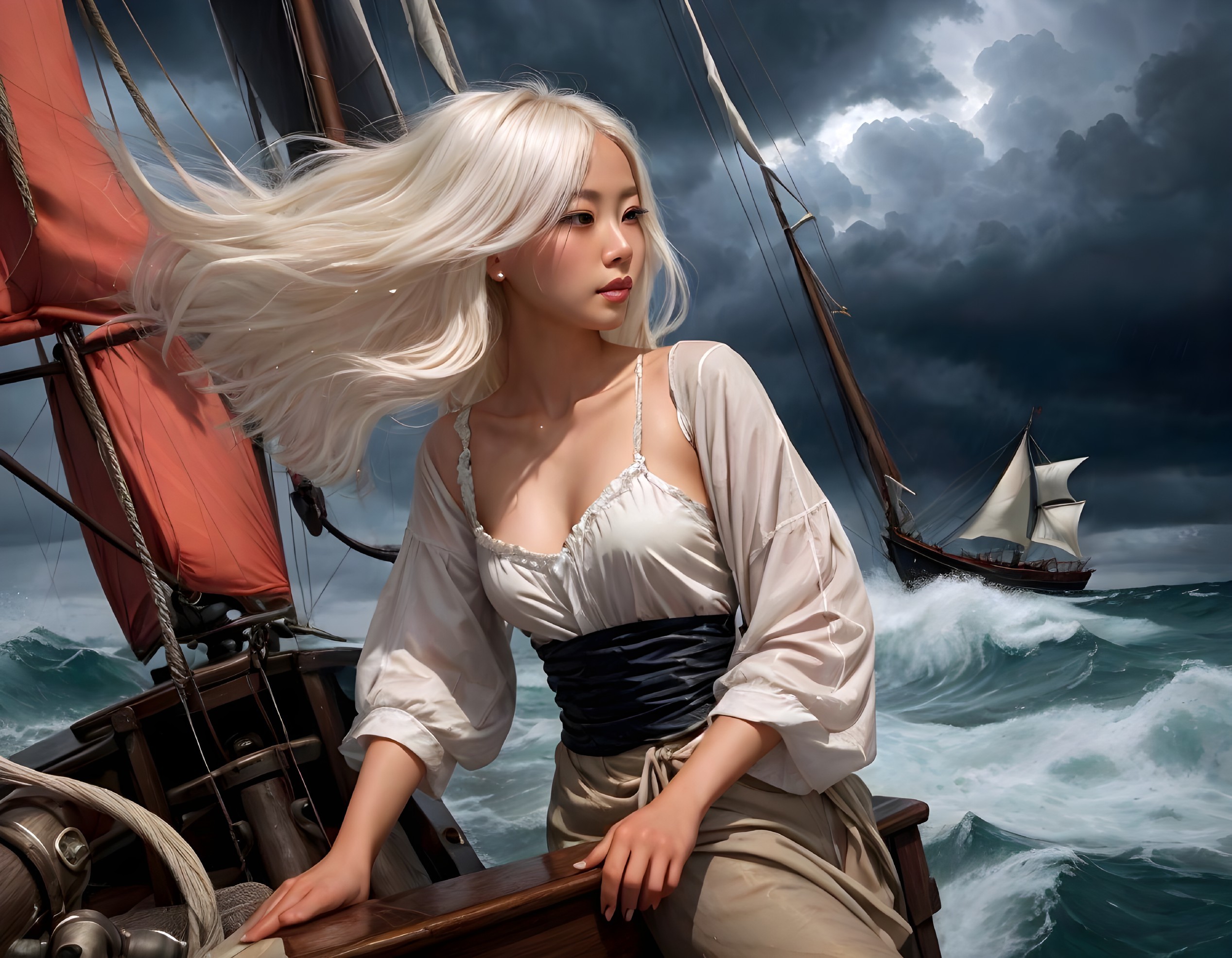 Woman with White Hair at Ship's Wheel in Storm