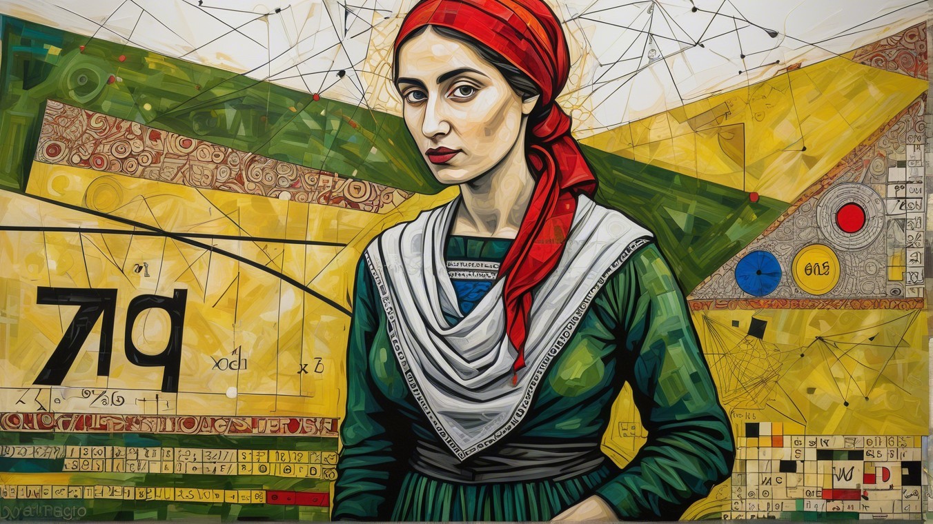 Woman in Red Headscarf and Green Dress in Abstract Art