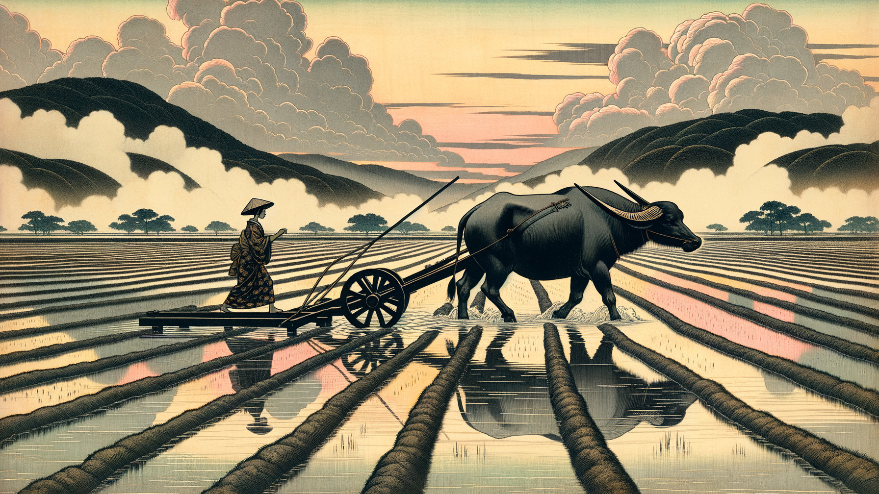 Serene Landscape of Farmer and Water Buffalo in Fields