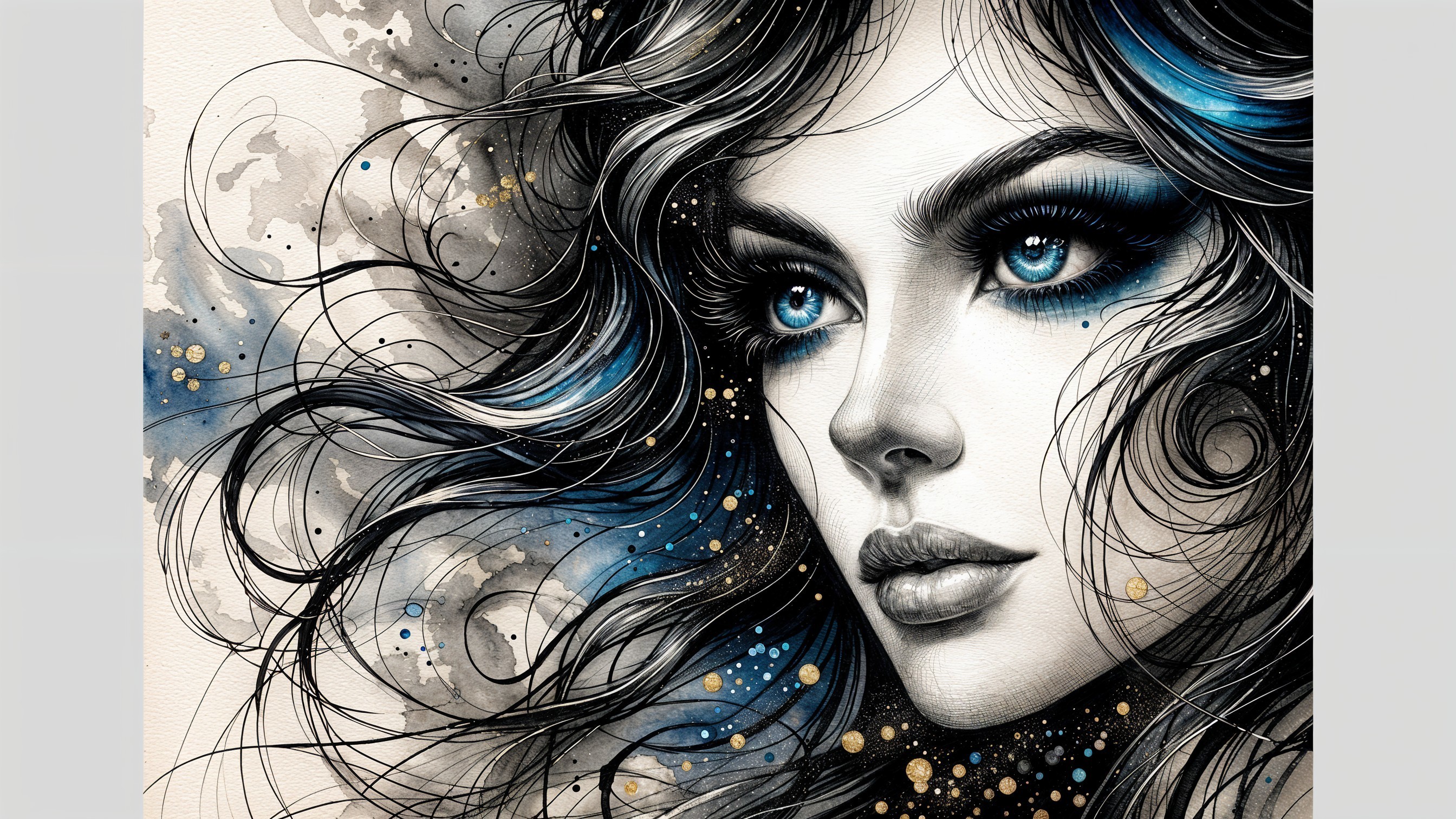 Illustration of a woman's face with blue eyes and hair