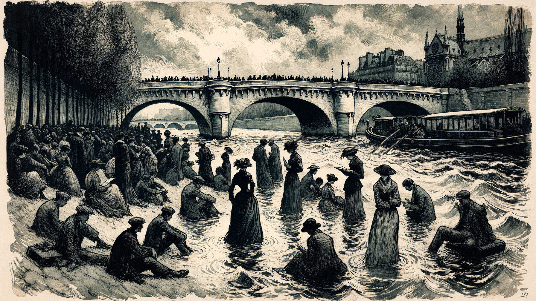 Historical riverbank scene with figures and bridge