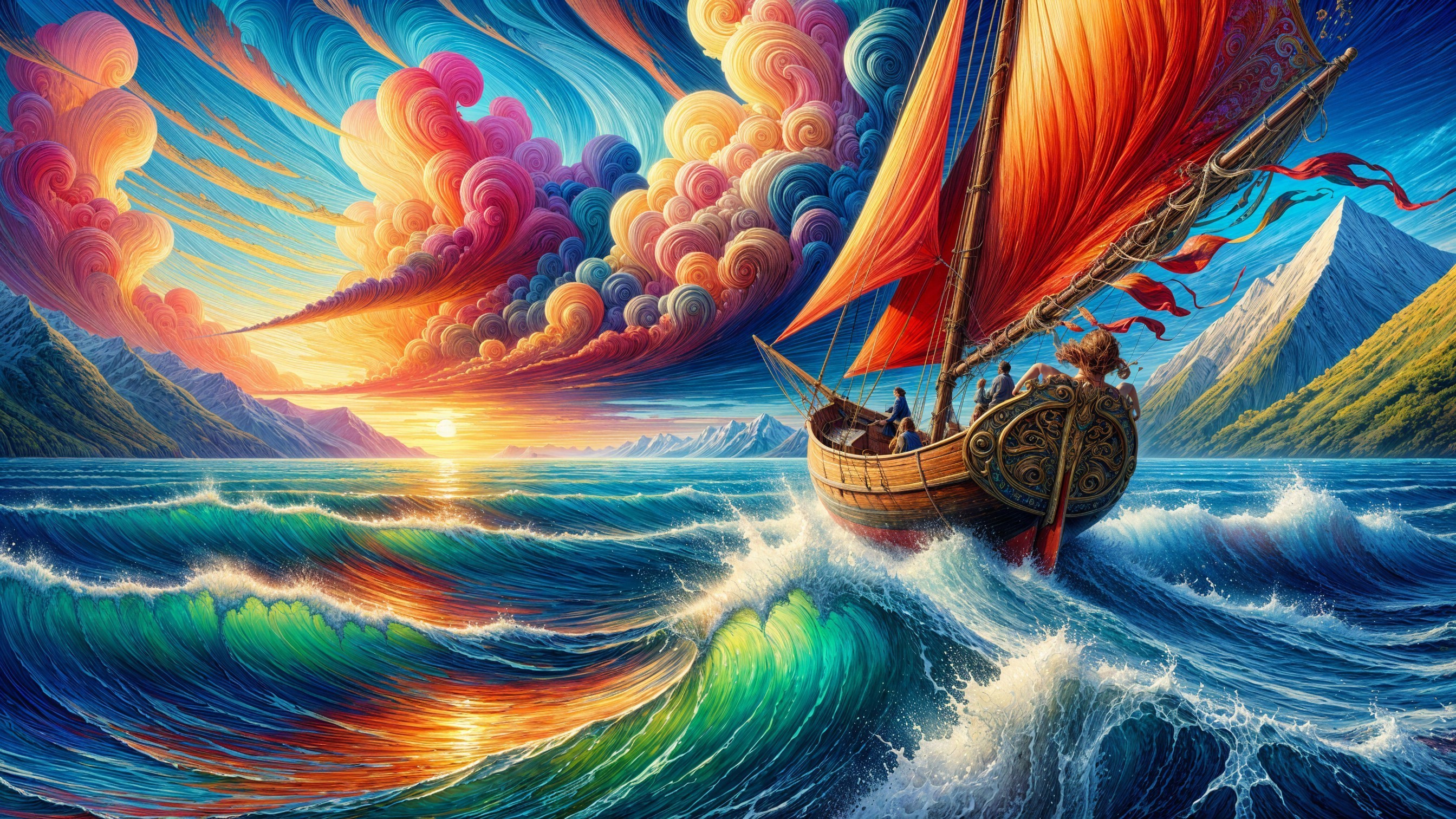 Vibrant Sailing Ship Against Dynamic Blue Waves