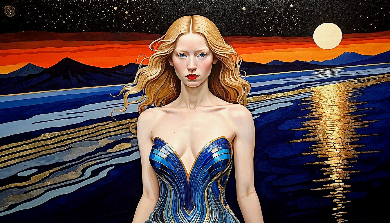 Woman in Blue Dress Against Serene Landscape