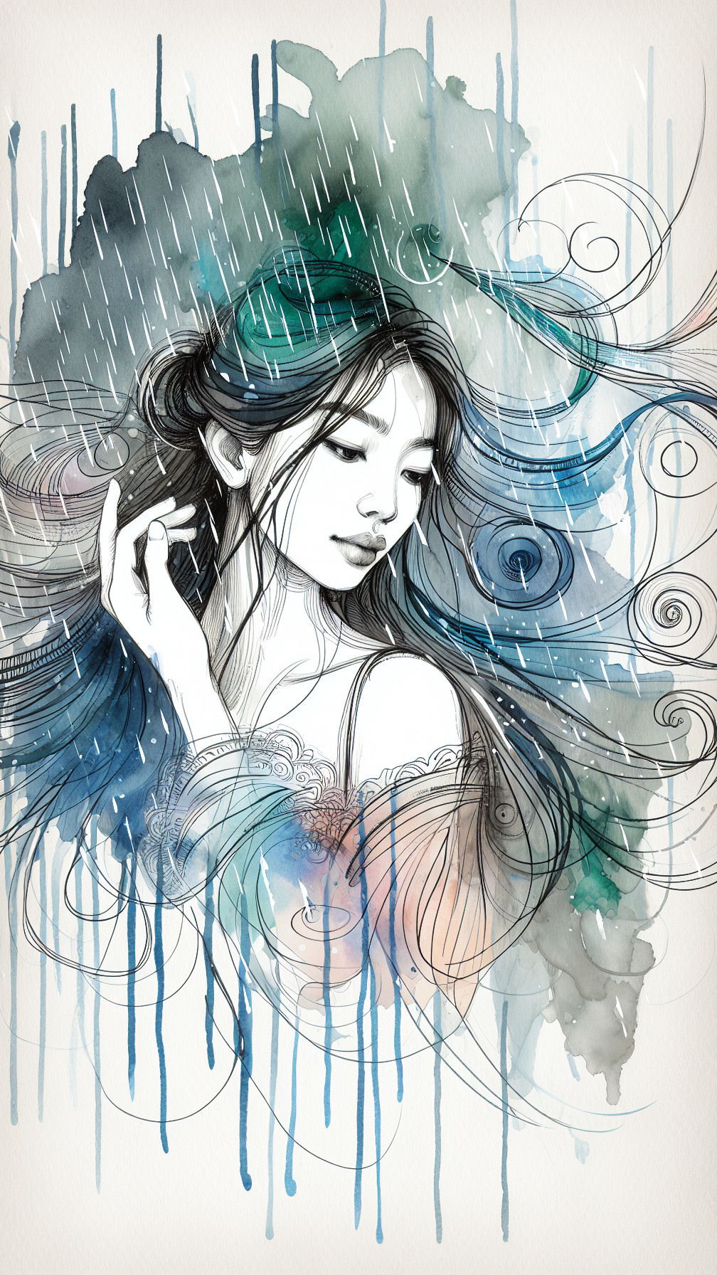 Watercolor Illustration of a Contemplative Woman