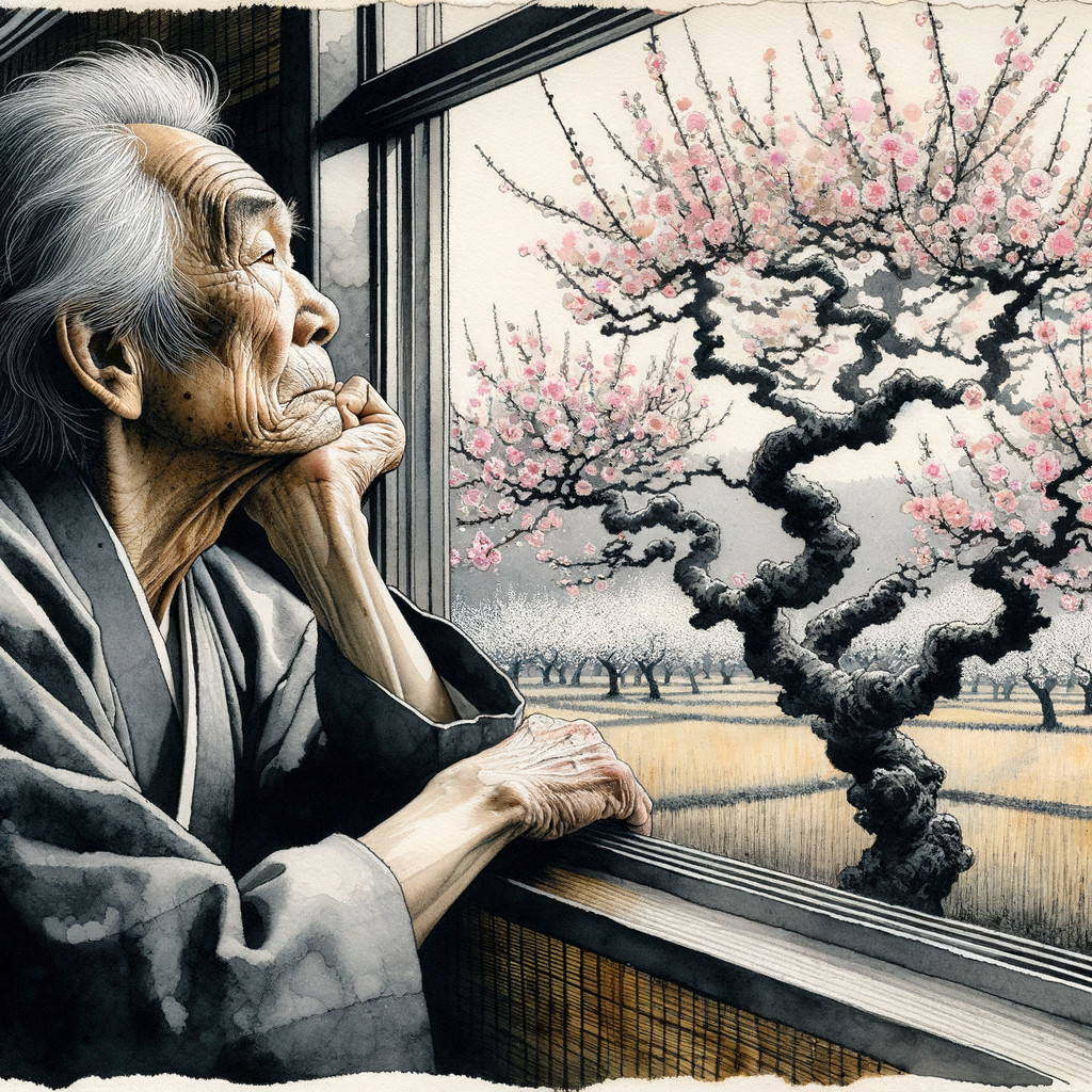 Elderly Man Contemplating by Cherry Blossom Tree