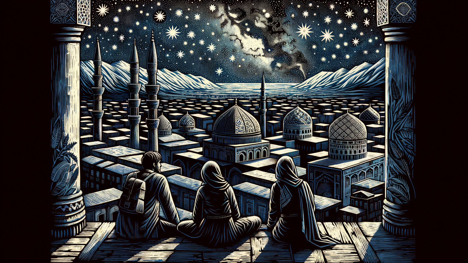 Stylized Illustration of Three People Overlooking City at Night