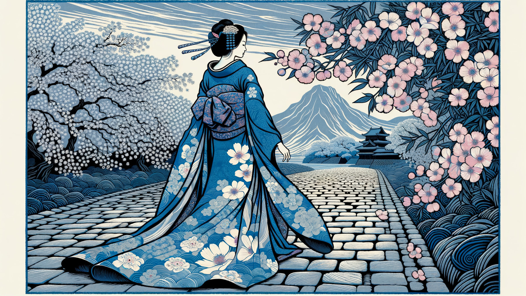 Japanese Woodblock Print of a Woman in Kimono