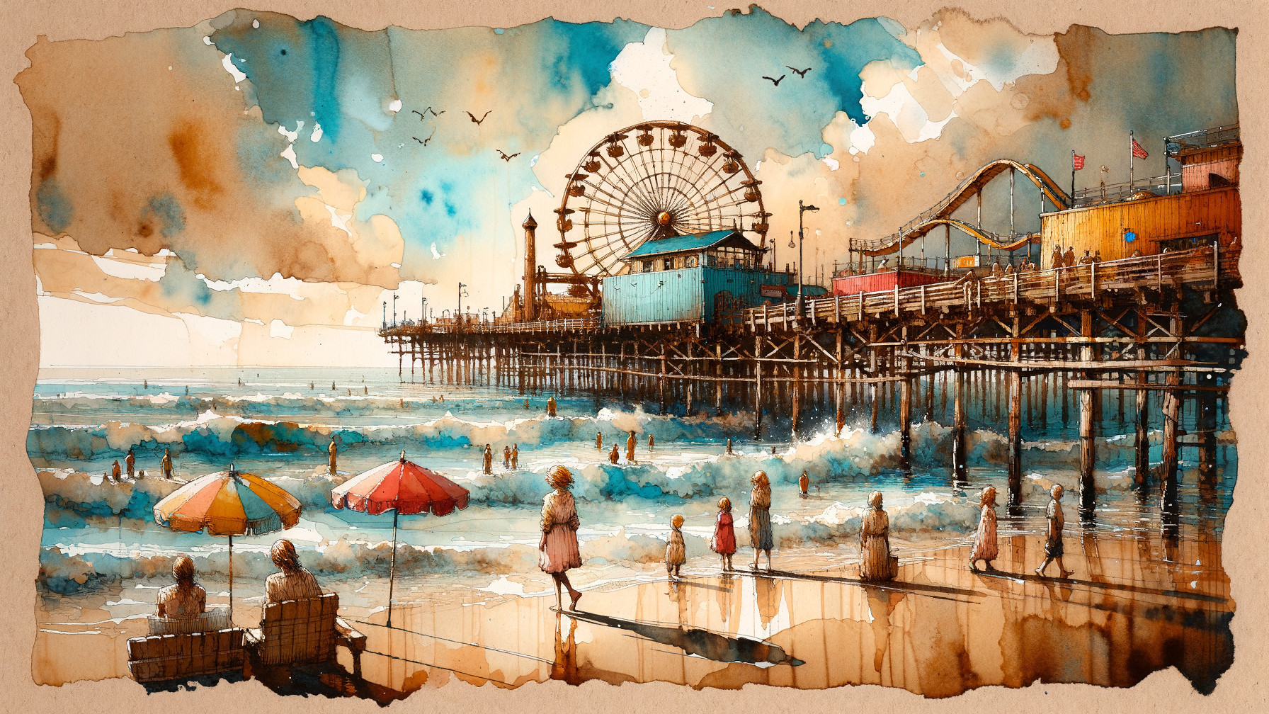 Vibrant Seaside Scene with Pier and Ferris Wheel