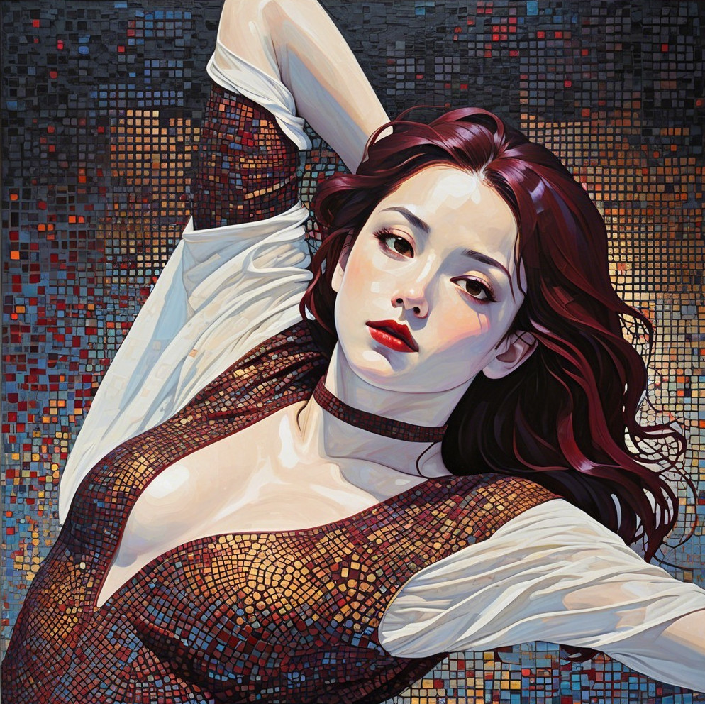 Portrait of a Young Woman with Dark Hair and Mosaic Background