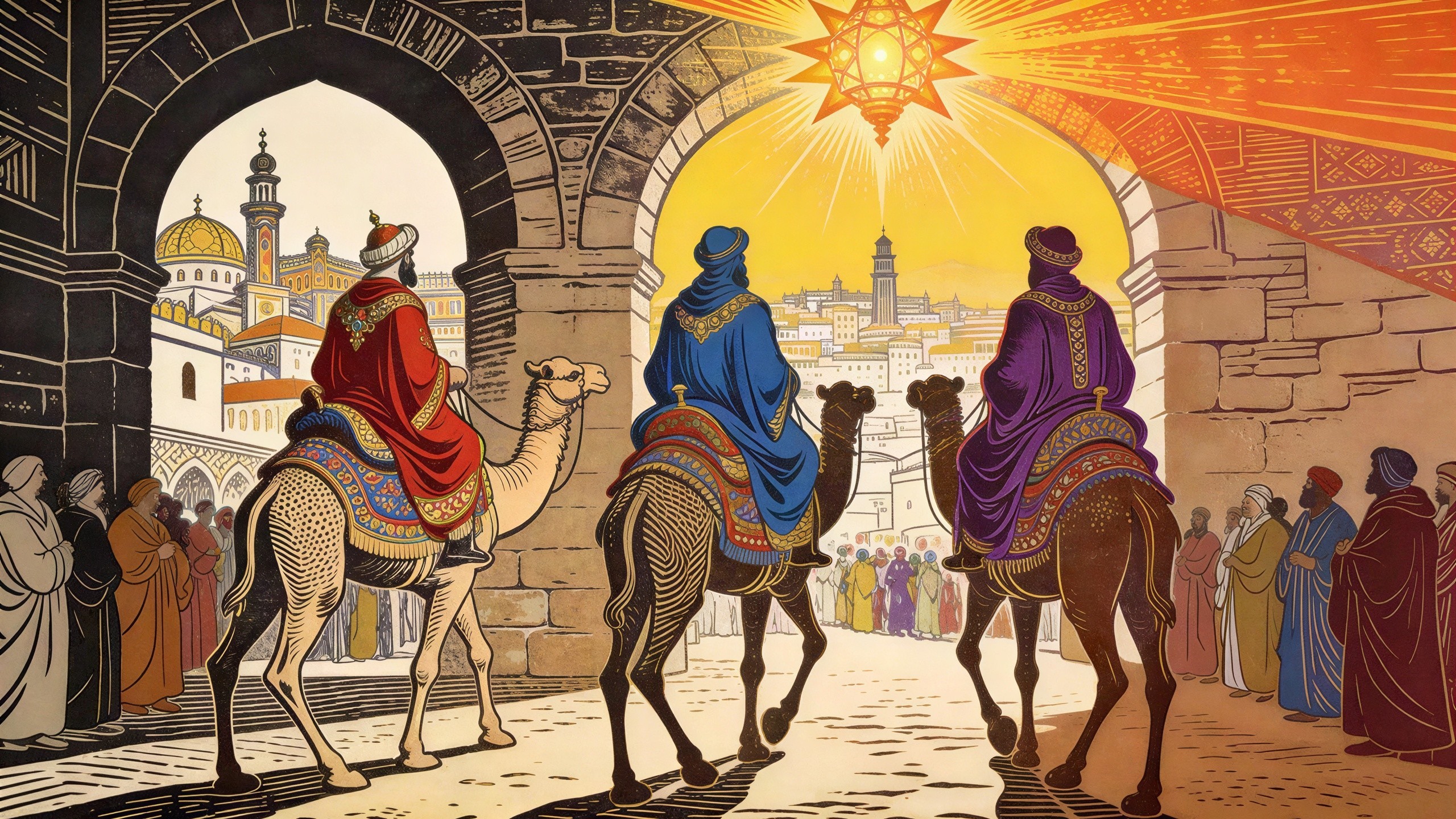 Three Male Figures on Camels Under Glowing Star