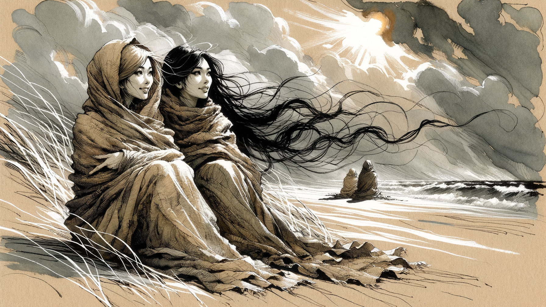 Women in Shawls on a Beach with Dynamic Clouds