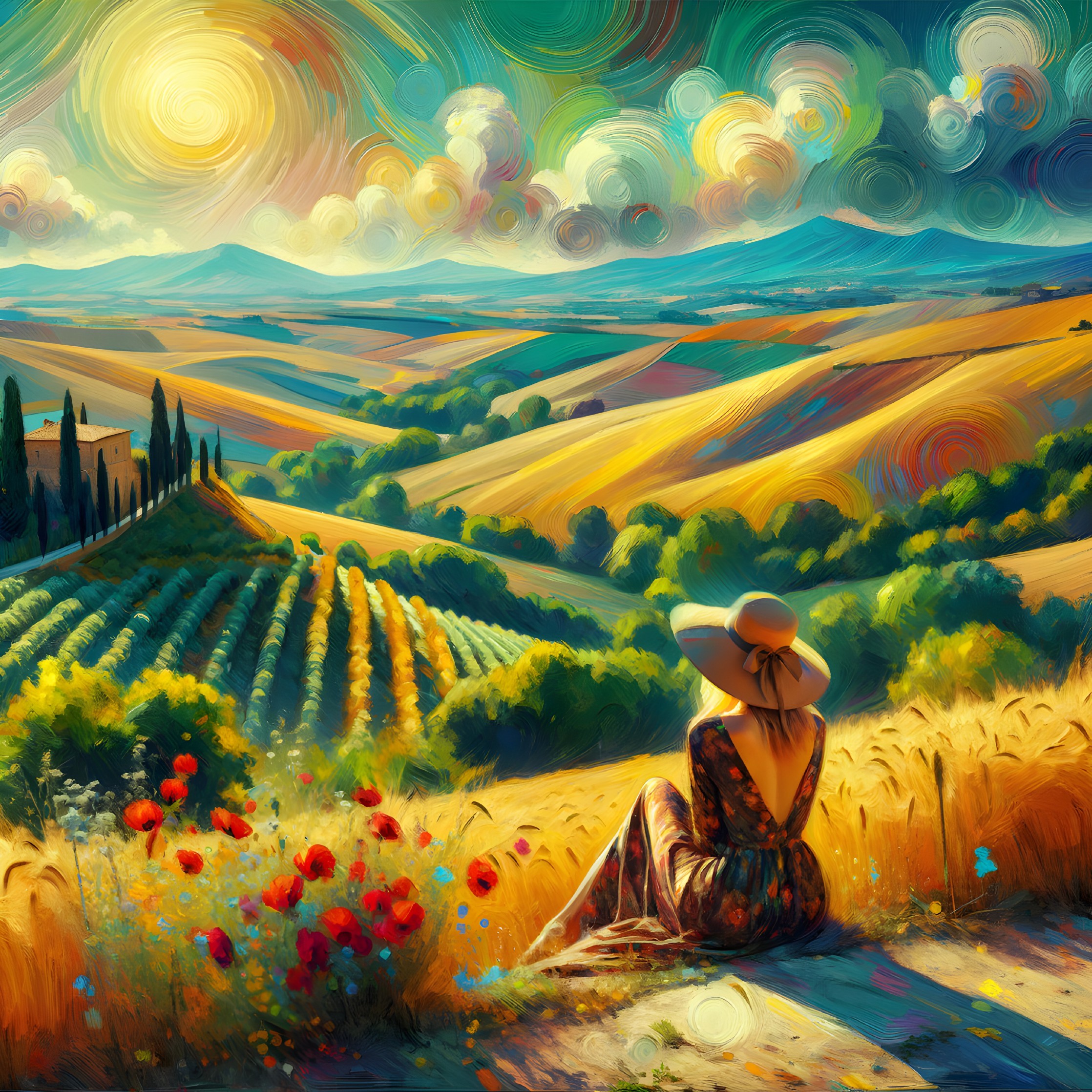 Woman in Vibrant Dress Overlooking Tuscan Landscape