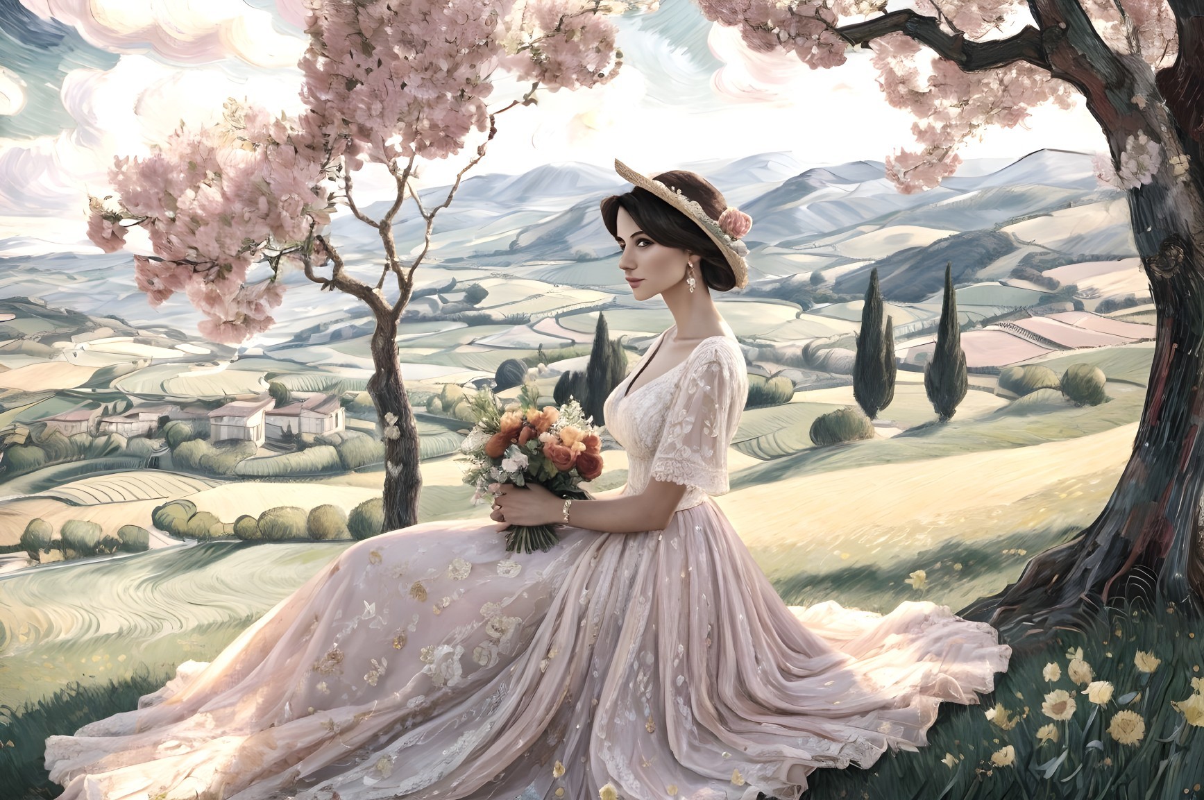 Woman in Floral Gown Under Cherry Blossom Trees