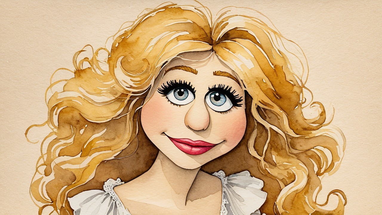 Whimsical Cartoon Character with Blue Eyes and Dress