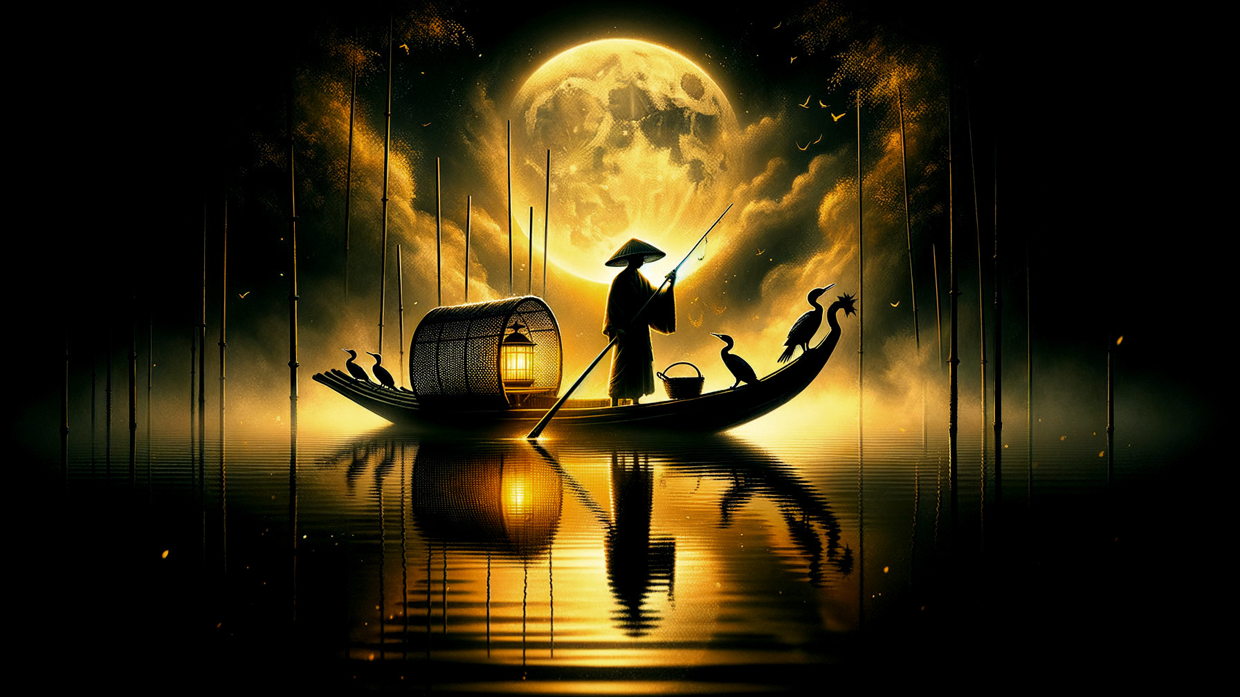 Serene Night Scene of a Fisherman Under Full Moon