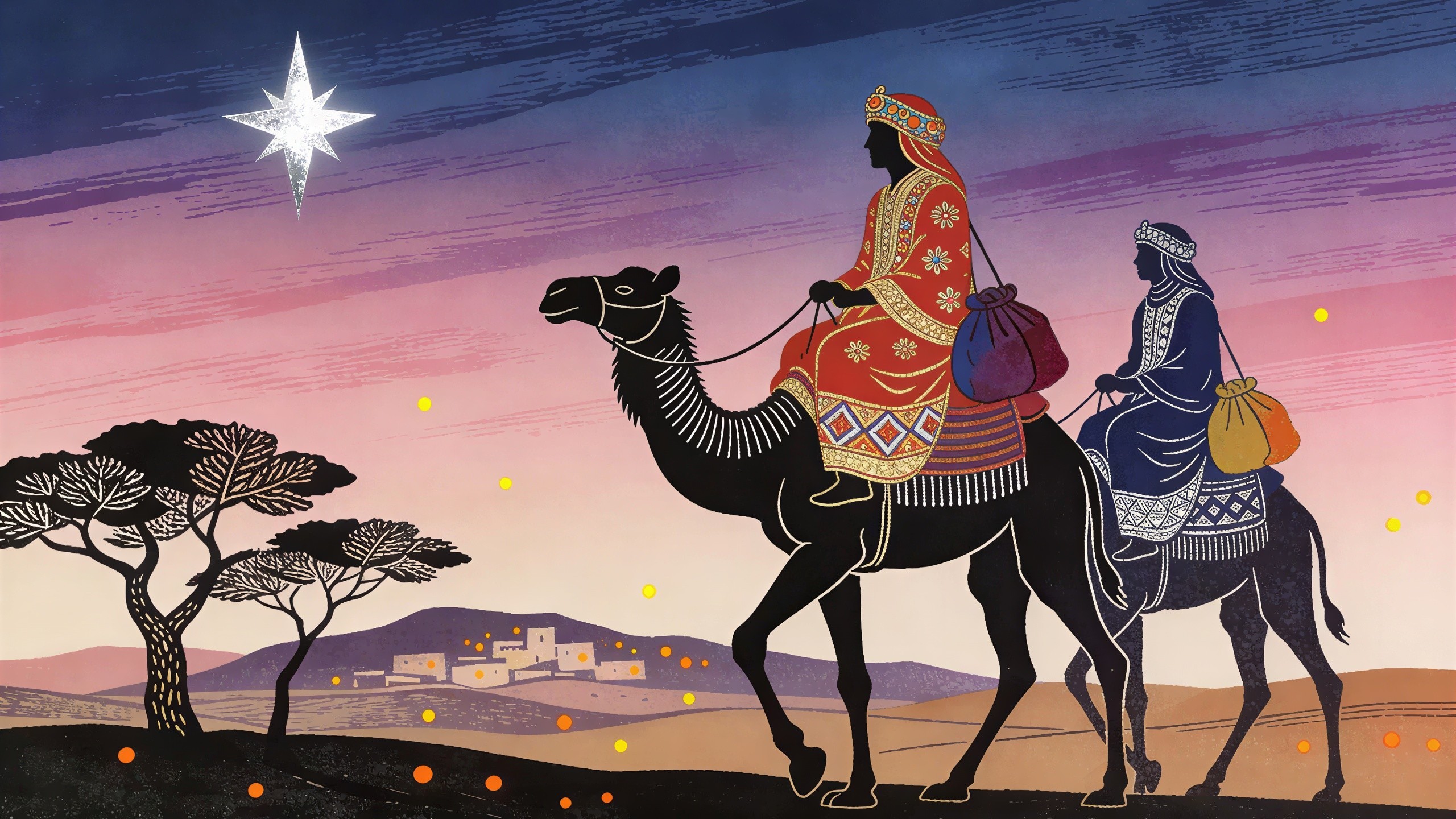 Regal Figures on Camels Against Twilight Sky