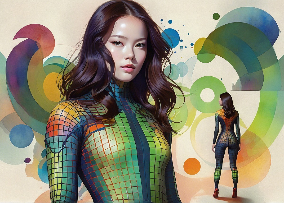 Portrait of a Woman in Colorful Geometric Outfit