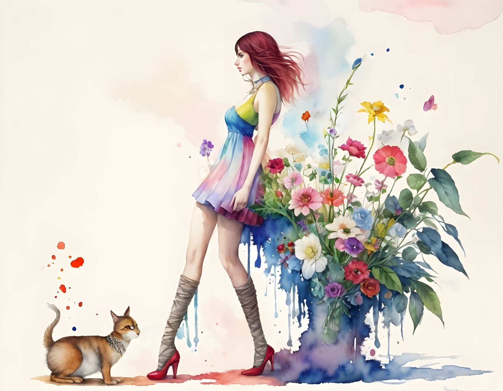 Whimsical Scene of Woman with Colorful Flowers and Cat
